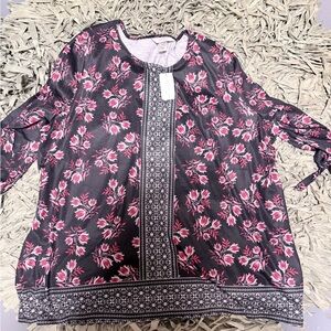 CJ Banks Black and Pink Floral Blouse